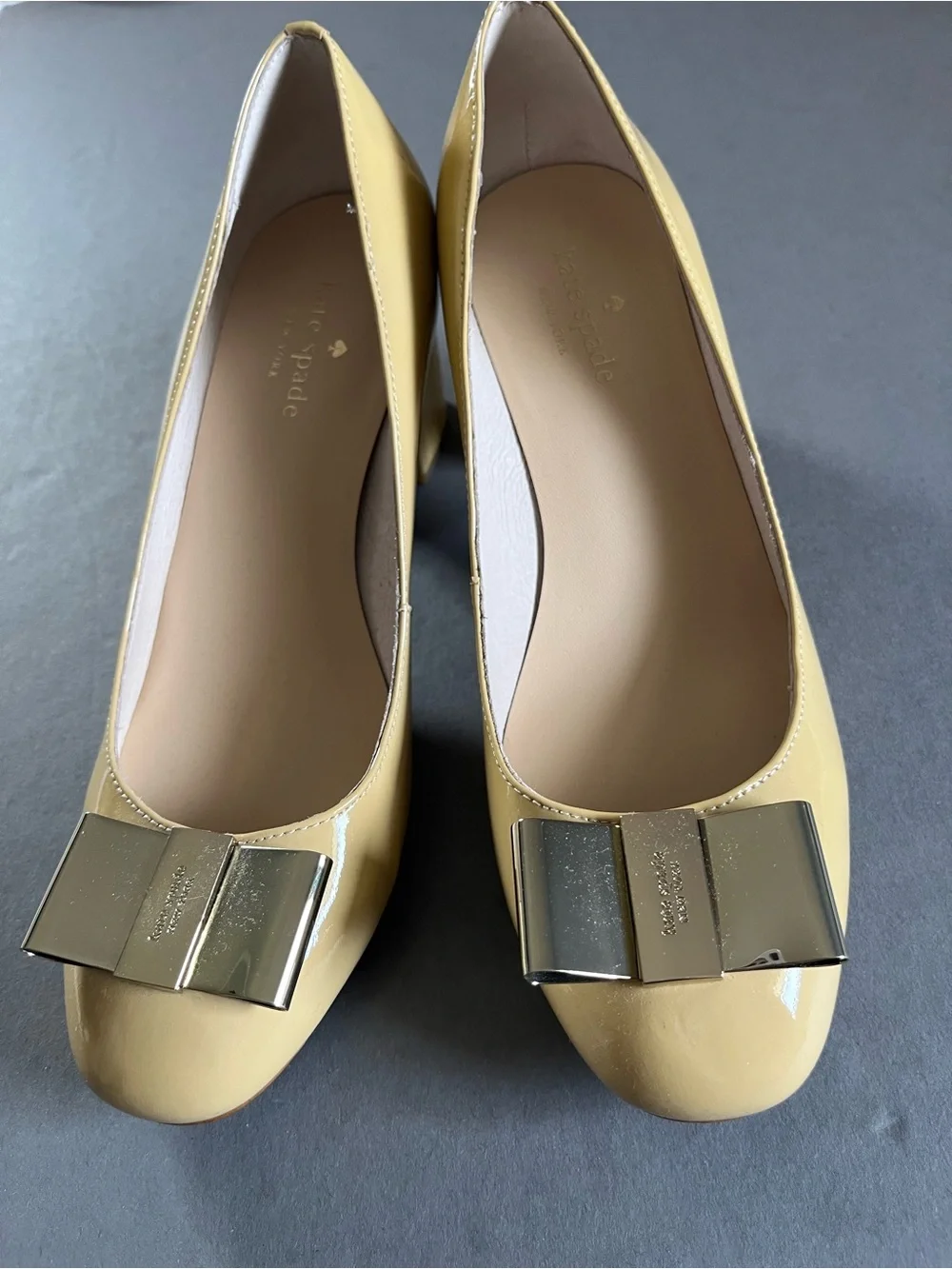 kate spade Lilliana Yellow Patent Leather Bow Flats with Gold Accent